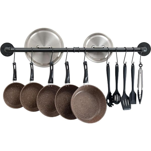 PRIMEPLUS 38 in. Matte Black Wall Mounted Pot Rack with 14-Hooks