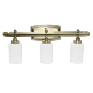 23.50 in. Antique Brass 3-Light Metal and Opaque White Glass Shade Vanity Wall Fixture with Rectangle Backplate