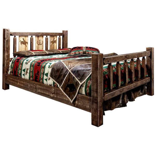 MONTANA WOODWORKS Homestead Collection Medium Brown Queen Laser Engraved Bronc Motif Spindle Style Bed