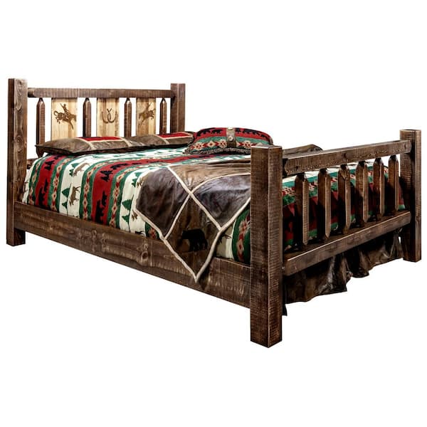 MONTANA WOODWORKS Homestead Collection Medium Brown Twin Laser Engraved Bronc Motif Spindle Style Bed