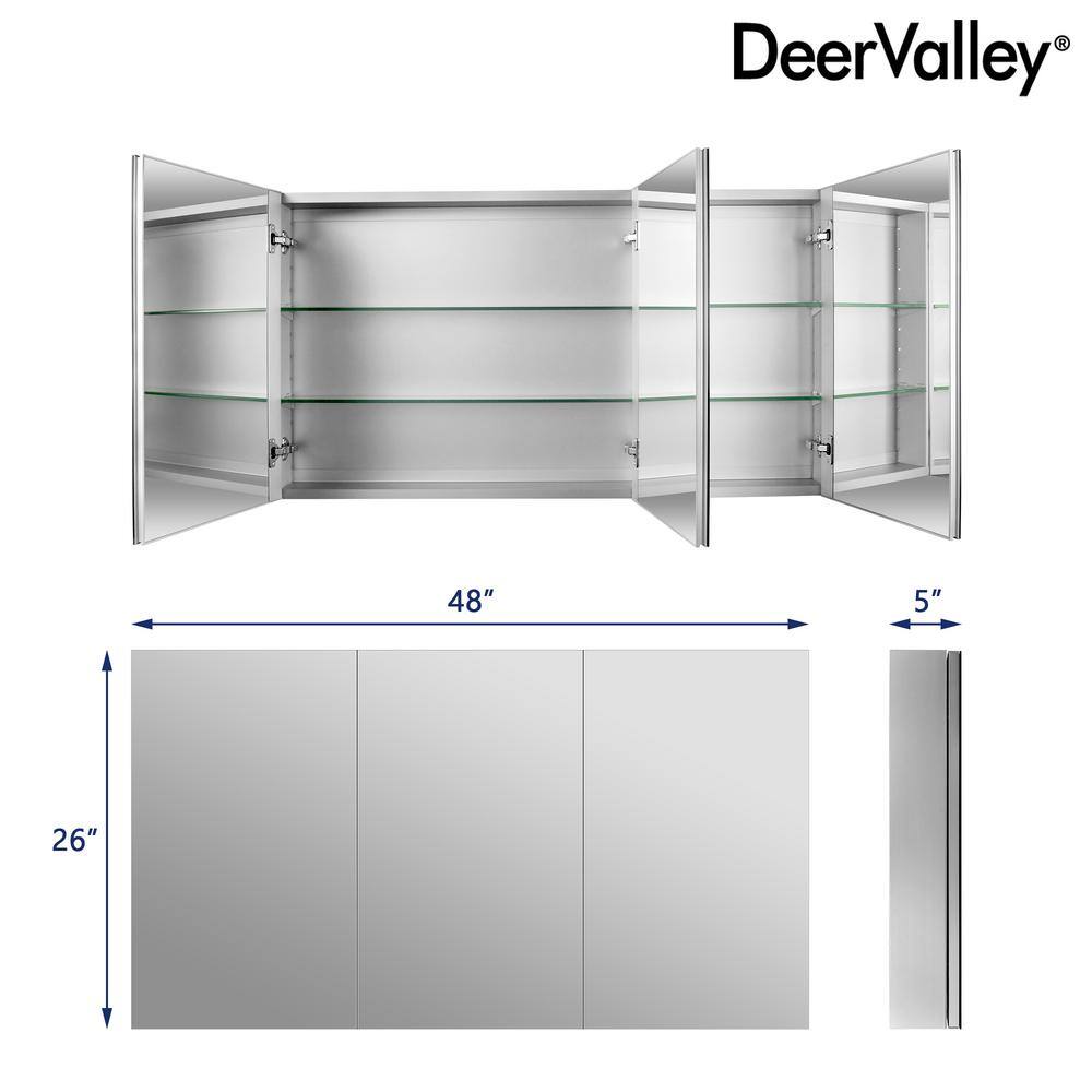 48'' Frameless Mirrored Three-Door Medicine Cabinet with Adjustable Shelves