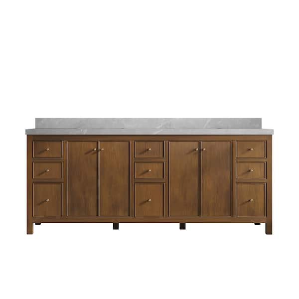 Willow Collections Chicago Teak 84 in. W x 22 in. D x 36 in. H Double Sink Bath Vanity in Dark Natural with 2 in. Pearl Gray Qt. Top