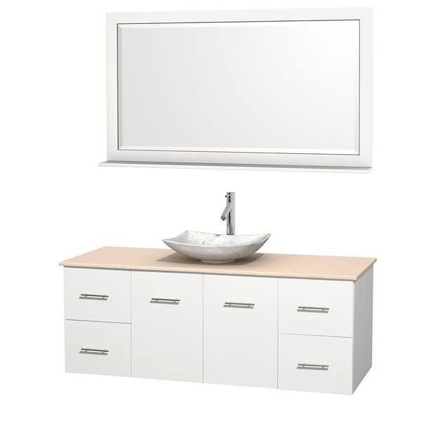 Wyndham Collection Centra 60 in. Vanity in White with Marble Vanity Top in Ivory, Carrara White Marble Sink and 58 in. Mirror