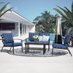4-Piece Aluminum Outdoor Patio Conversation Seating Set with Dark Blue Stripe Cushions