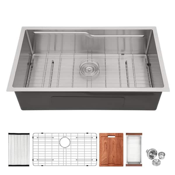 33 in. Undermount Single Bowl 16 Gauge Brushed Nickel Stainless Steel Kitchen Workstation Sink with Accessories Bundle