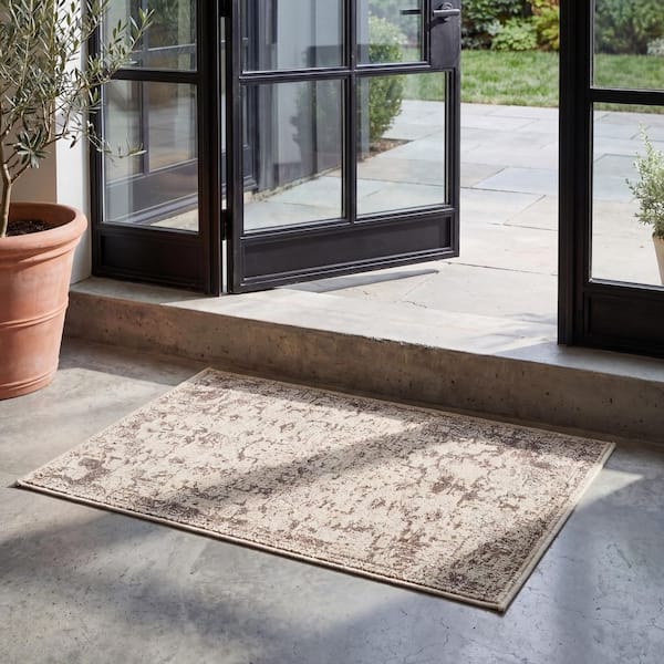 Madison 2 ft. x 3 ft. Ivory/Beige Gray Distressed Border Area Rug