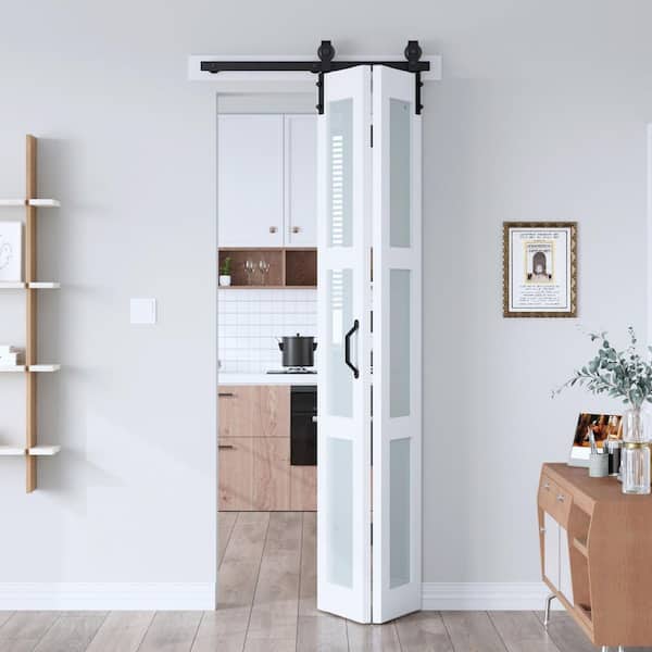 32 in. x 84 in. 3-Lite Tempered Frosted Glass Solid Core White Finished MDF Wood Bi-Fold Door with Hardware Kit