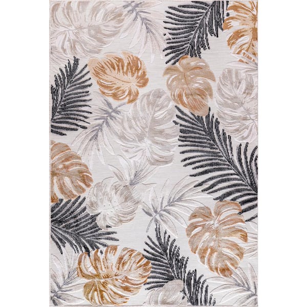 CAMILSON Bloom Yellow/Beige 10 ft. x 14 ft. Leaf Tropical Botanical Indoor/Outdoor Area Rug