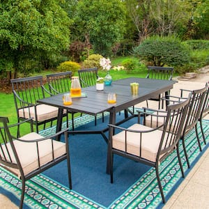 9-Piece Metal Outdoor Dining Set with Extensible Rectangular Slat Table and Stylish Chairs with Beige Cushions