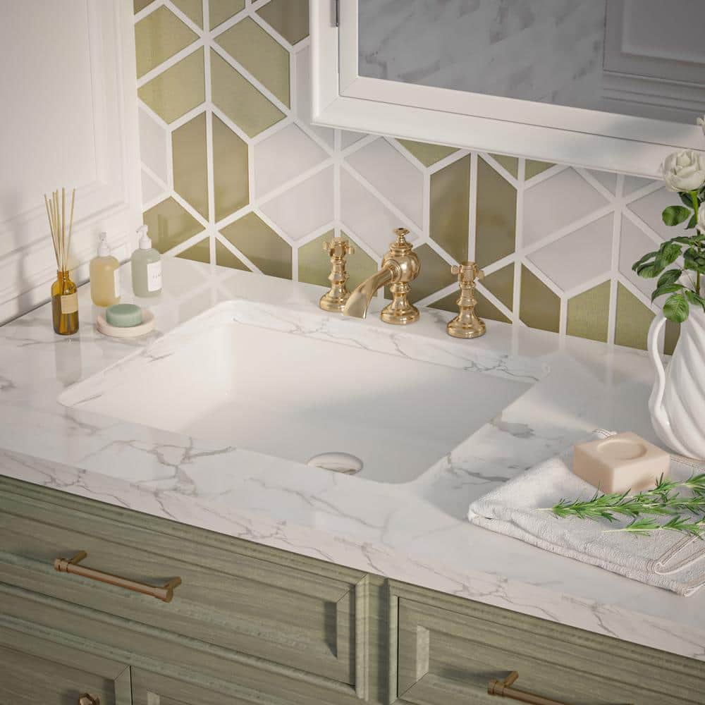 White Ceramic Rectangular Undermount Bathroom Sink with Overflow