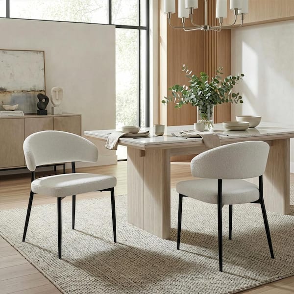 ちゃちゃSupreme/Stone  Boucle Glamour Home Ayoka Boucle Fabric with Black Iron Legs Dining Chair