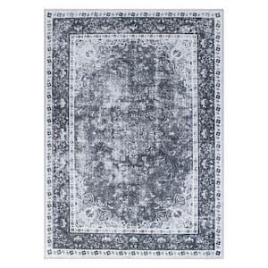 Black 7 ft. 7 in. x 9 ft. 6 in. Traditional Distressed Medallion Machine Washable Area Rug