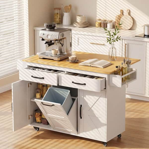 White Wood 44 in. Kitchen Island on Wheels with Drop Leaf, Kitchen Carts with Hidden Trash Cabinet and Storage