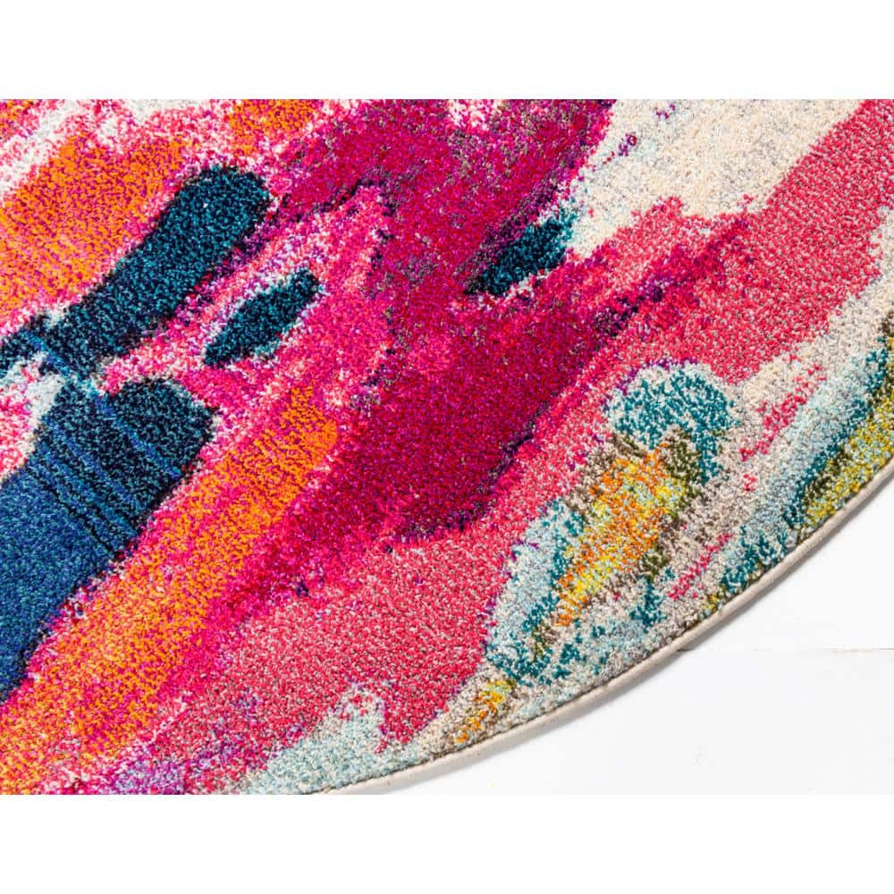Vibrant Abstract Round Synthetic Rug in Pink & Blue, 6ft