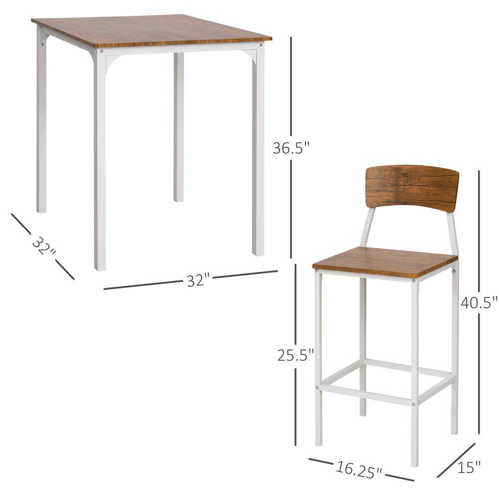 Rustic White and Medium Wood 3-Piece Bar Table Set with Steel Legs