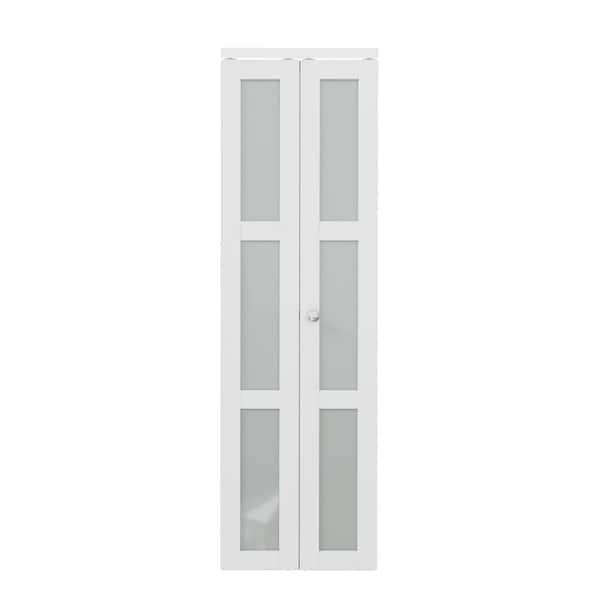 ARK DESIGN 28 in. x 80 in. 3-Lite Frosted Glass Solid Core MDF White Finished Closet Bi-Fold Door with Hardware