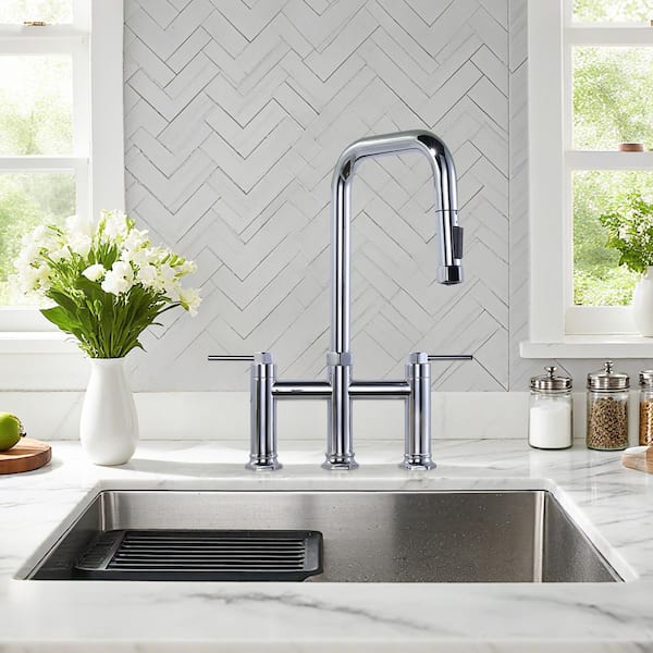 3 Holes Double Handle Brass Bridge Kitchen Faucet with Pull Down Sprayer and Supply Lines in Polished Chrome