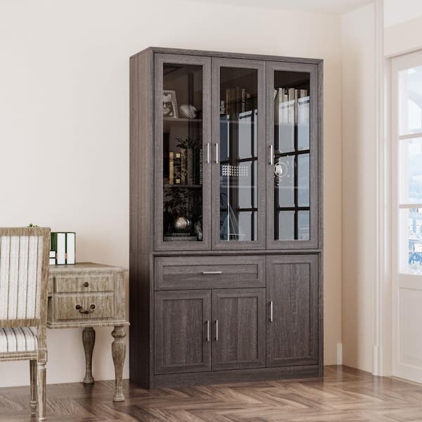 FUFU&GAGA 79.9 in. Tall Brown Wood Grain 10-Shelf Standard Bookcase, Strorage Cabinet with 3 Glass Doors and A Large Drawer