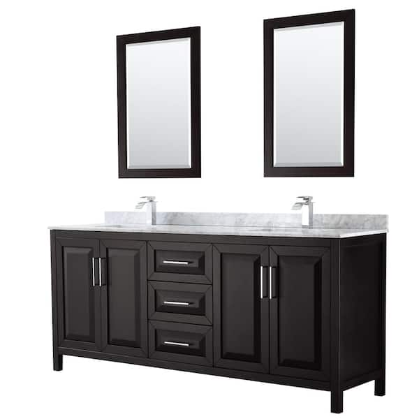 Wyndham Collection Daria 80 in. Double Bathroom Vanity in Dark Espresso with Marble Vanity Top in Carrara White and 24 in. Mirrors