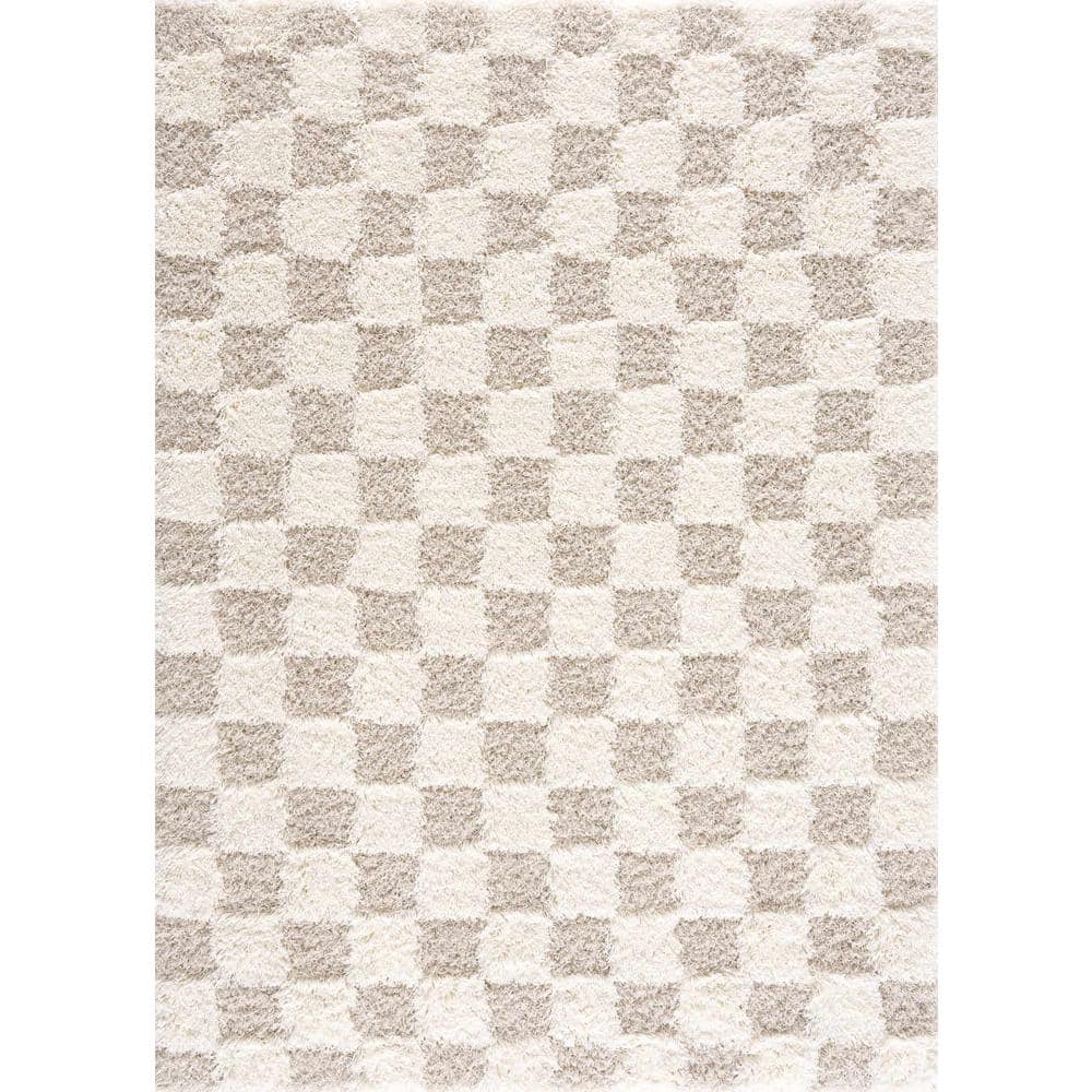 Hauteloom Etiler Checkered Shag Area Rug - Checkboard Design - High Pile Fluffy Shaggy Touch - Square Tiles - Kids Room, Nursery, Living Room Shaggy Carpet - Beige, Cream, White - 7'10" x 10'3"