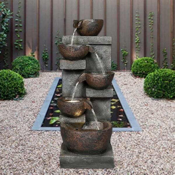 32.4 in. Tall Outdoor 5-Tier Gray Resin Water Fountain With LED