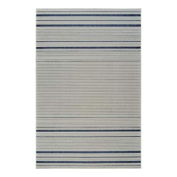 Blue, Cream 8 ft. x 10 ft. Woven Striped Polypropylene Rectangle Indoor/Outdoor Area Rug