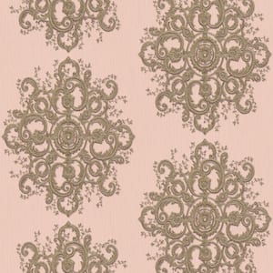 ELLE Decoration Collection Blush Pink/Gold Baroque Damask Vinly on Non-Woven Non-Pasted Wallpaper Roll (Covers 57 sq.ft)