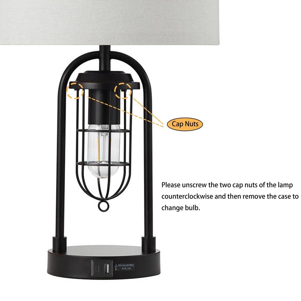 21.5'' Black Metal Table Lamp Set with USB Ports and Lantern Night Light