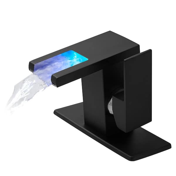 FLG Single Handle Single Hole LED Bathroom Faucet with Deckplate Included Waterfall Bathroom Sink Basin Taps in Matte Black
