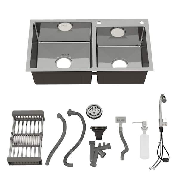 32 in. Drop-In/Undermount Double Bowl Stainless Steel Kitchen Sink with Faucet