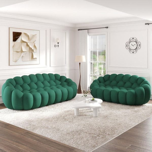 Bubble Armless Couch, Modern (2-Piece) Mesh Fabric Green Living Room Set Curved Floor Sofa for Office Apartment