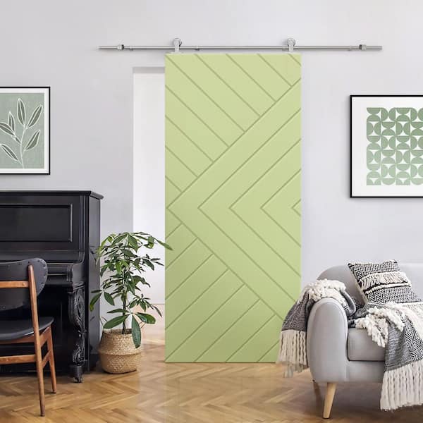 CALHOME Chevron Arrow 30 in. x 84 in. Fully Assembled Sage Green Stained MDF Modern Sliding Barn Door with Hardware Kit