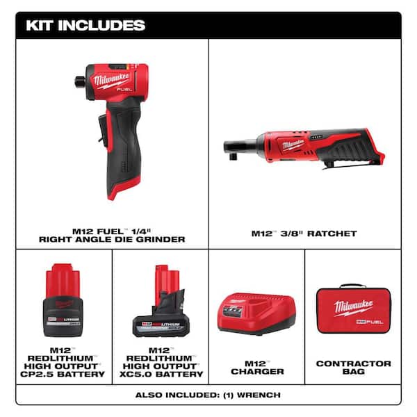 M12 FUEL 12V Lithium-Ion Brushless Cordless 1/4 in. Right Angle Die Grinder with M12 Cordless 3/8 in. Ratchet