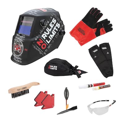 No Rules No Limits Welding Kit with Auto Darkening 7-13 Helmet, Gloves, Brush, Magnets, Doo Rag, Sleeves, Safety Glasses