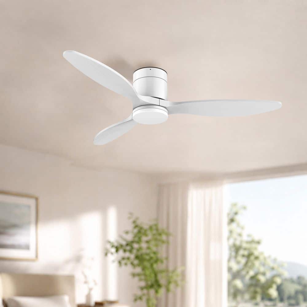 52 in. Smart Outdoor Indoor white flush mount Ceiling Fans with Lights Remote, Alexa Google Voice App, Quiet DC Motor