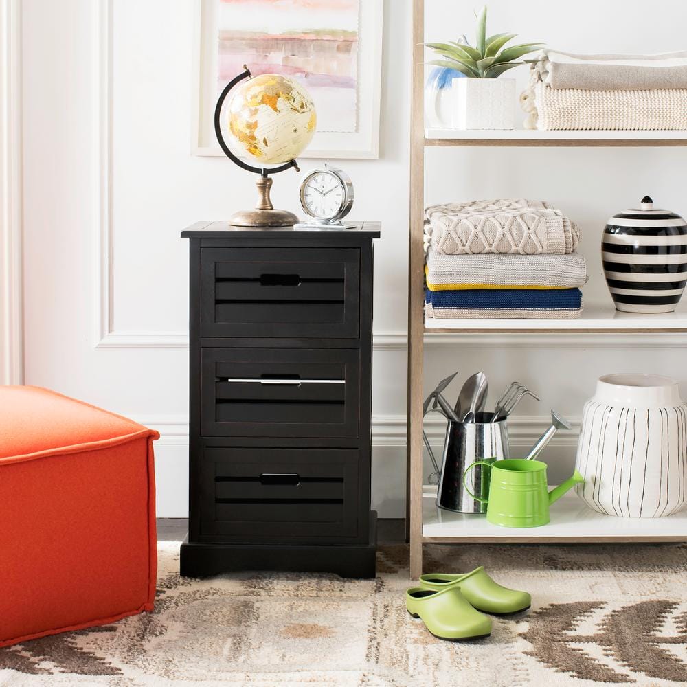 Transitional Samara 3-Drawer Distressed Black Pine Cabinet