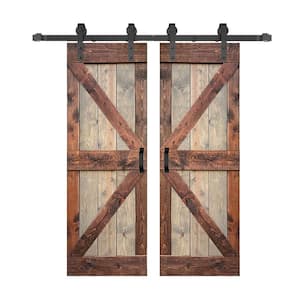 K Series 60 in. x 84 in. Brown/Walnut Finished Soild Wood Double Sliding Barn Door With Hardware Kit - Assembly Needed