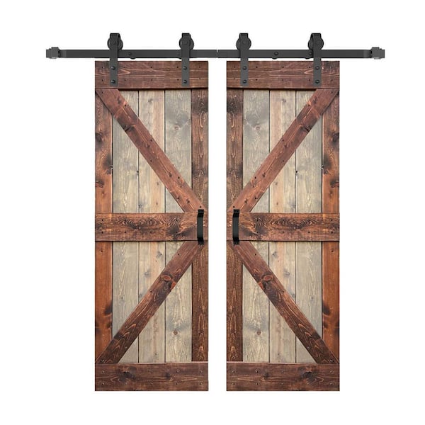 ISLIFE K Series 60 in. x 84 in. Brown/Walnut Finished Soild Wood Double Sliding Barn Door With Hardware Kit - Assembly Needed