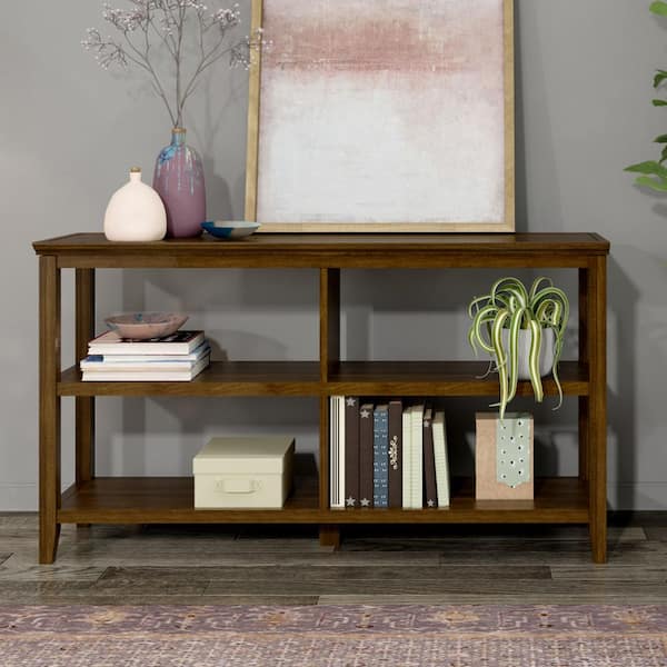 NewRidge Home Goods Edenton 54 in. Walnut Wood Sofa Table/TV Media Bookcase with 3-Shelves