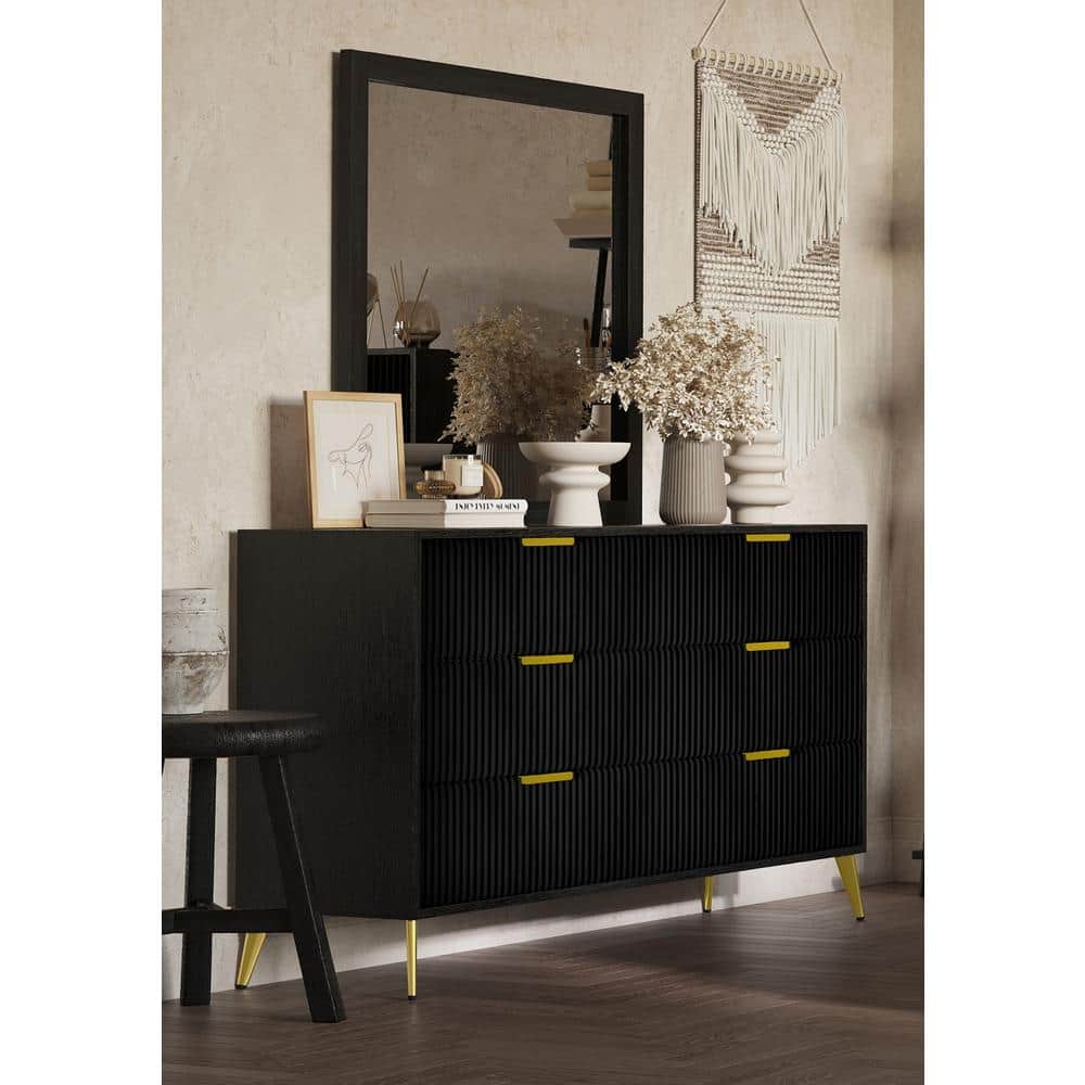 Kailani Black MDF Dresser with Mirror and Gold Accents