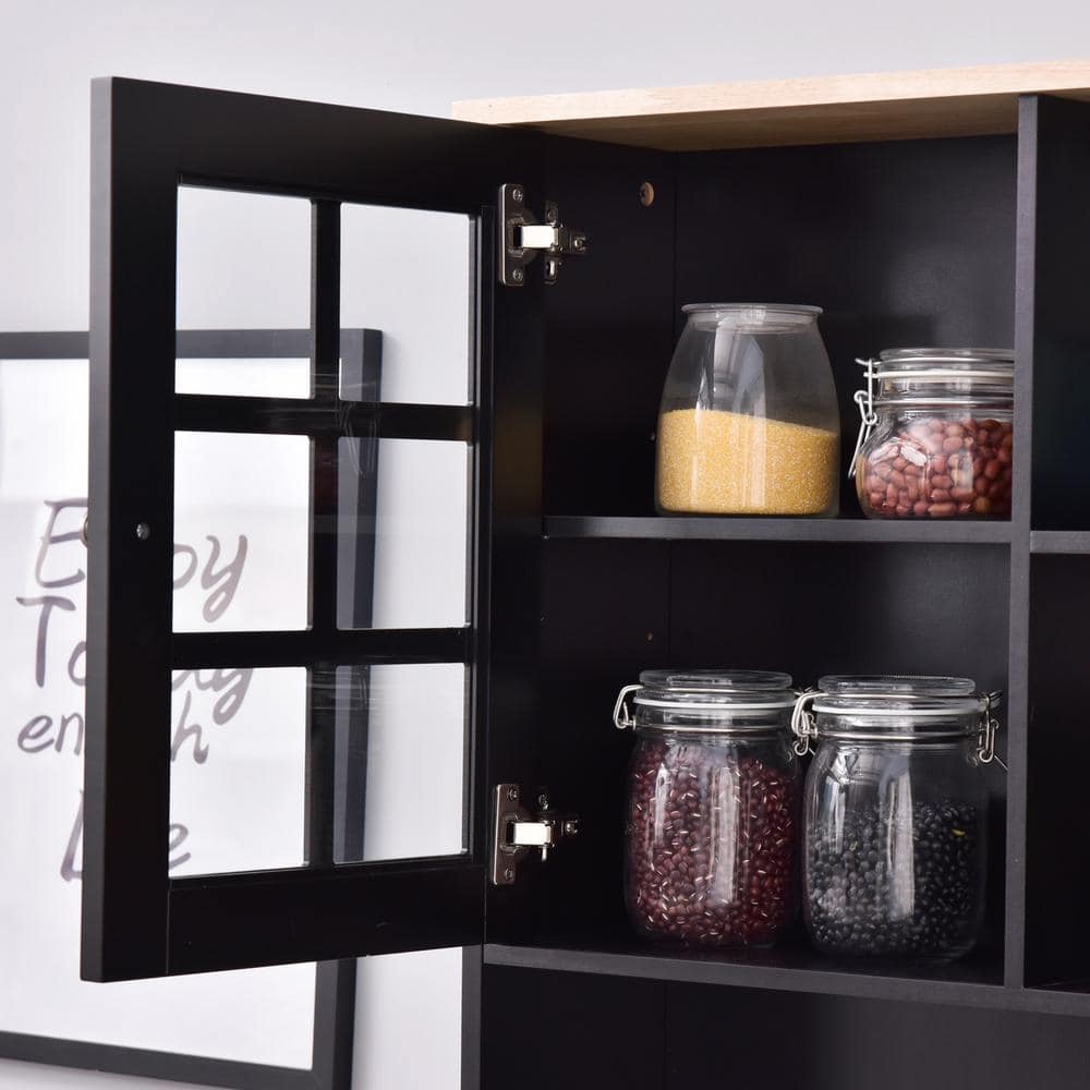 Sleek Modern Black Kitchen Buffet with Glass Door Hutch