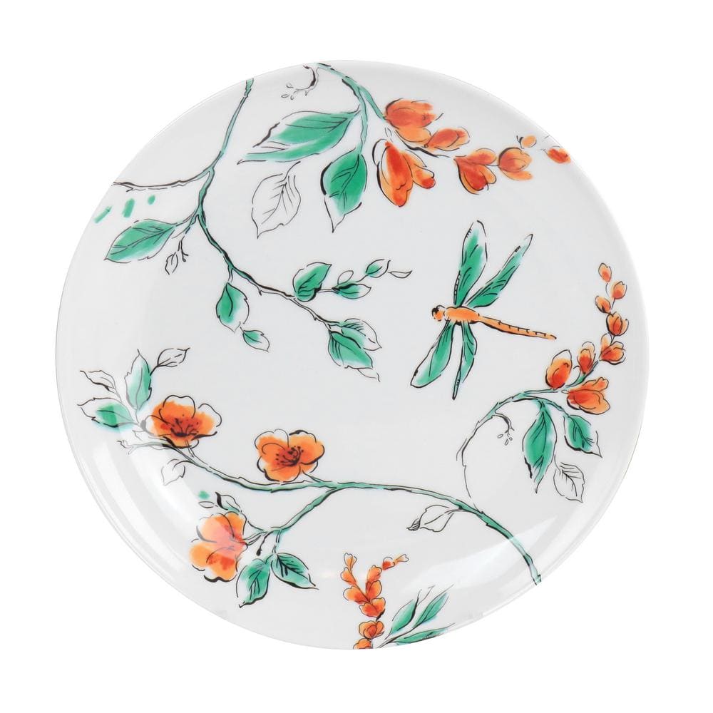 White Floral Dragonfly Melamine Dinnerware Set, Service for 4