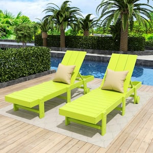 Shoreside 2-Piece Modern HDPE Fade Resistant Portable Reclining Chaise Lounge Chairs With Wheels in Lime