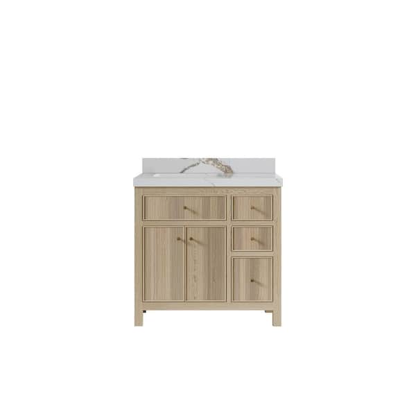 Willow Collections Sonoma Oak 36 in. W x 22 in. D x 36 in. H Single Left Offset Sink Bath Vanity in White Oak with 2 in. Calcutta Gold Top