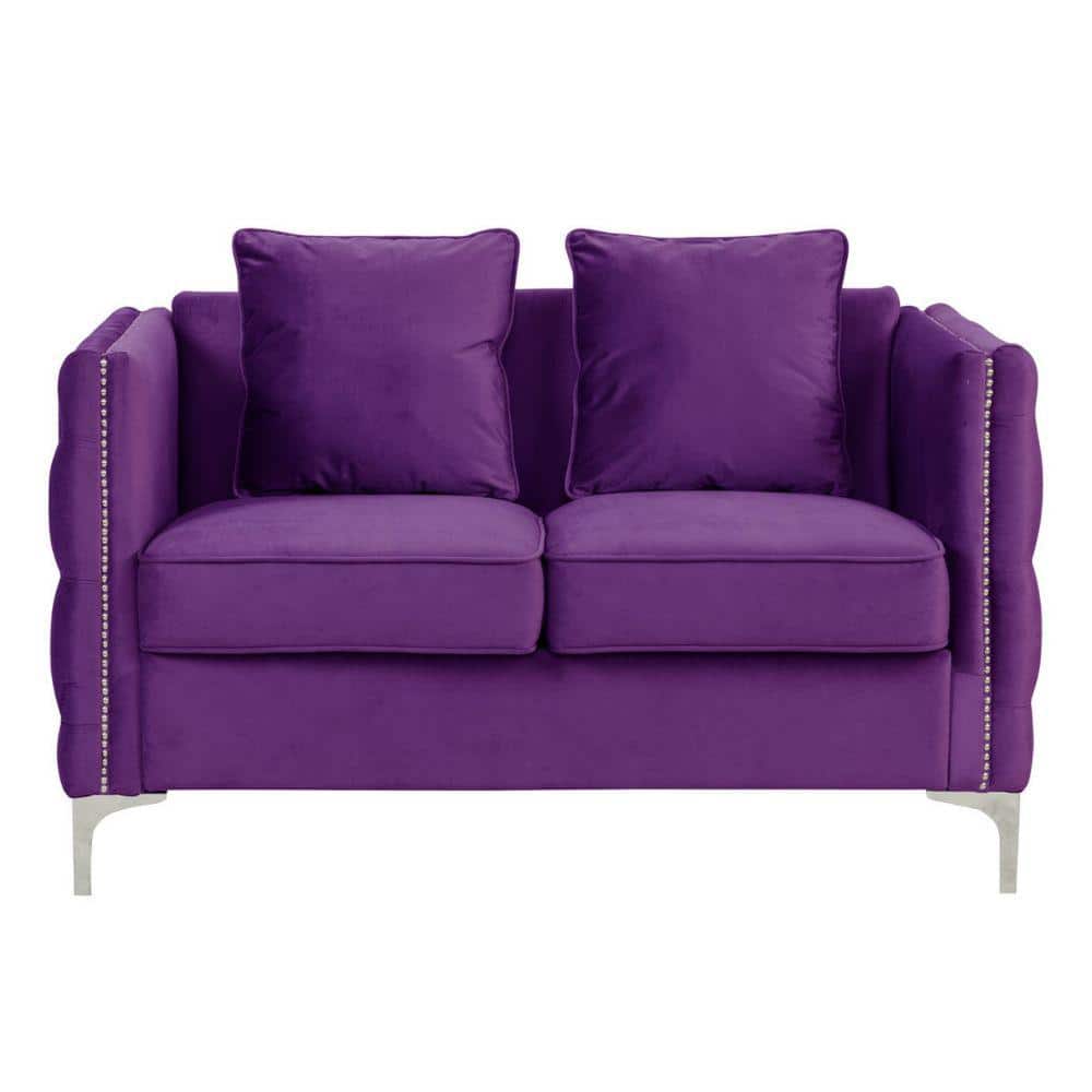 Benjara 53 in. Purple and Chrome Solid Velvet 2Seater Loveseat with