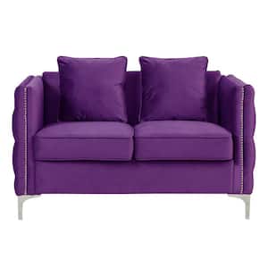 53 in. Purple and Chrome Solid Velvet 2-Seater Loveseat with Button Tufted and Nail Head Trim