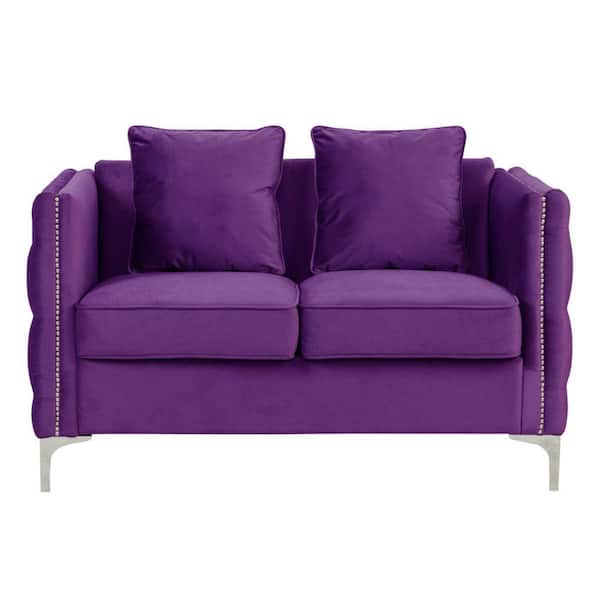 Benjara 53 in. Purple and Chrome Solid Velvet 2-Seater Loveseat with Button Tufted and Nail Head Trim