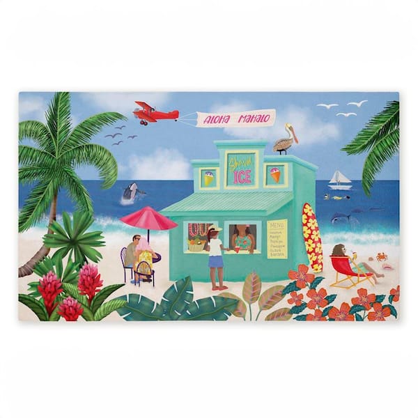 Aloha Island Beach Scene Blue 18 in. x 30 in. Polyester Non-Slip Outdoor Door Mat