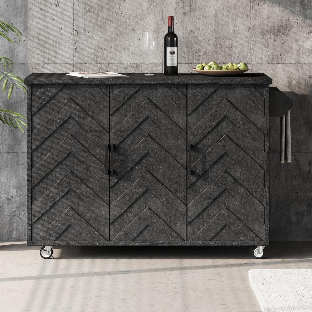Black Grey Wood Top 51.2 in. Wave Stripes Kitchen Island with Drop Leaf, In