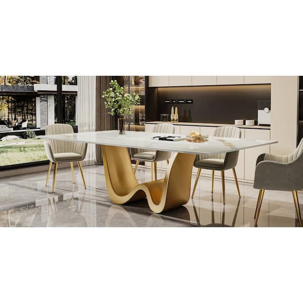Roesler White and Gold Sintered Stone 78.74 in. Pedestal Modern Large Rectangular Dining Table for 8